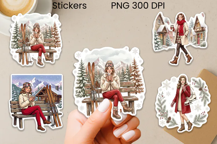 Retro Winter Woman Stickers PNG Printable