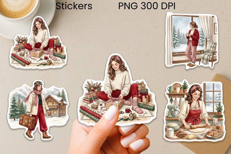Vintage Coffee Girl Stickers PNG Printable example image 1