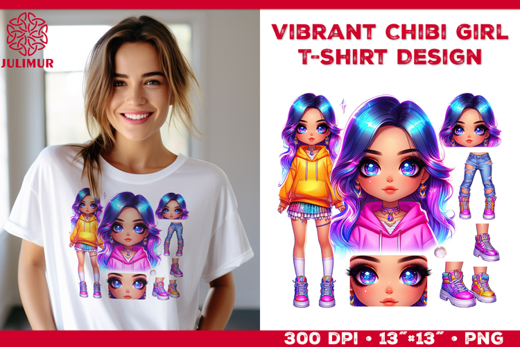 Vibrant Chibi Girl T-Shirt Printable Design. Chibi Girl PNG