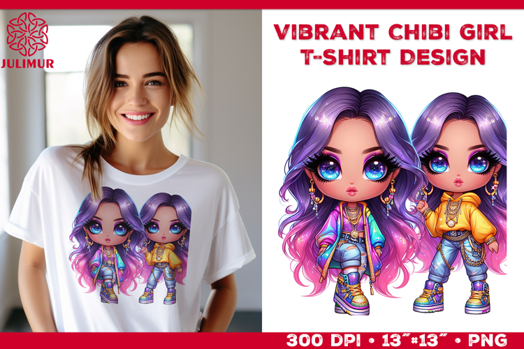 Vibrant Chibi Girl T-Shirt Printable Design. Chibi Girl PNG
