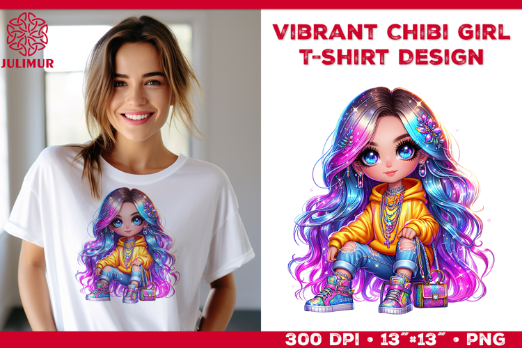 Vibrant Chibi Girl T-Shirt Printable Design. Chibi Girl PNG