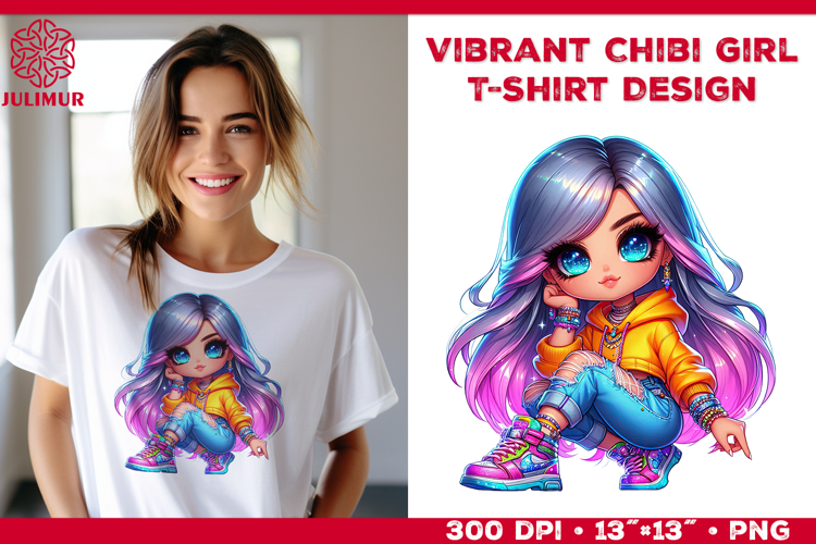 Vibrant Chibi Girl T-Shirt Printable Design. Chibi Girl PNG