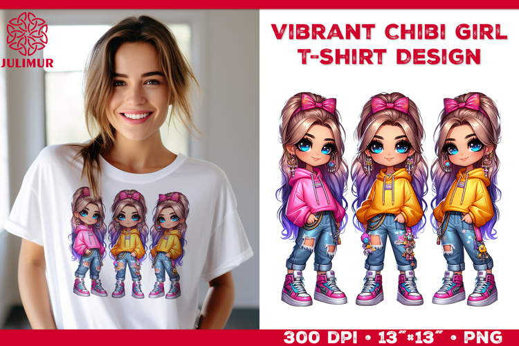 Vibrant Chibi Girl T-Shirt Printable Design. Chibi Girl PNG