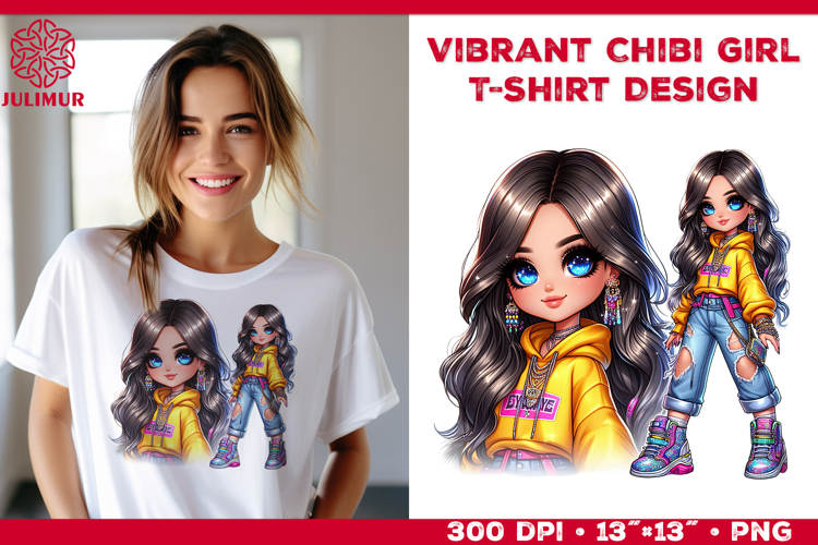 Vibrant Chibi Girl T-Shirt Printable Design. Chibi Girl PNG