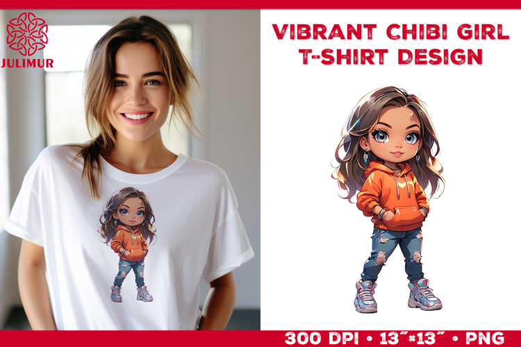 Vibrant Chibi Girl T-Shirt Printable Design. Chibi Girl PNG