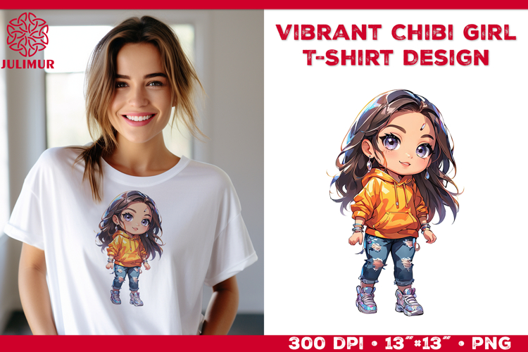 Vibrant Chibi Girl T-Shirt Printable Design. Chibi Girl PNG