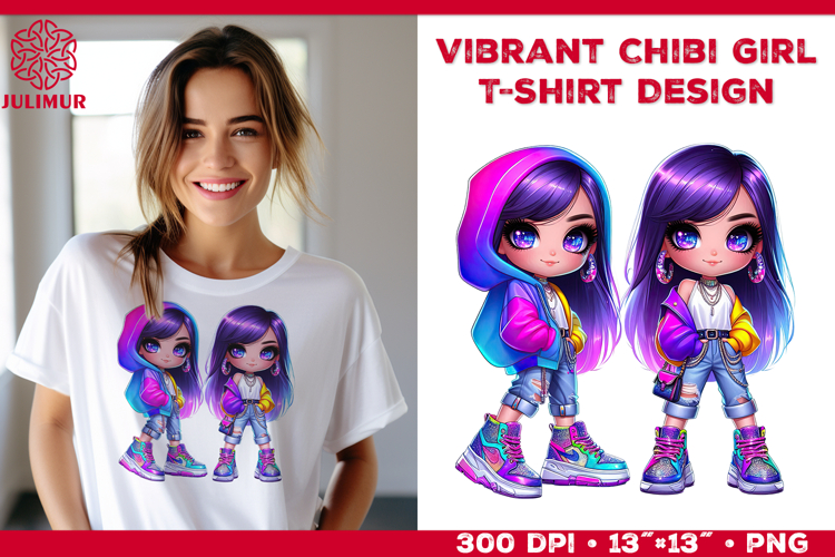 Vibrant Chibi Girl T-Shirt Printable Design. Chibi Girl PNG