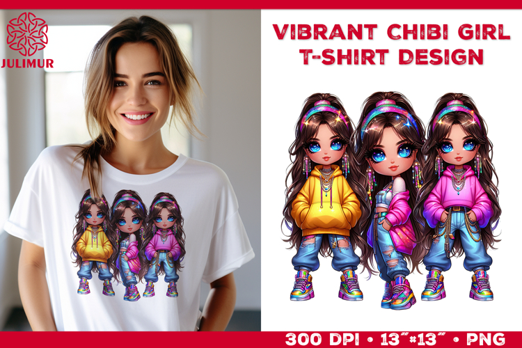 Vibrant Chibi Girl T-Shirt Printable Design. Chibi Girl PNG