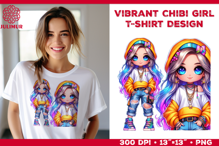 Vibrant Chibi Girl T-Shirt Printable Design. Chibi Girl PNG