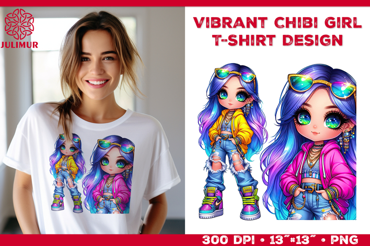 Vibrant Chibi Girl T-Shirt Printable Design. Chibi Girl PNG