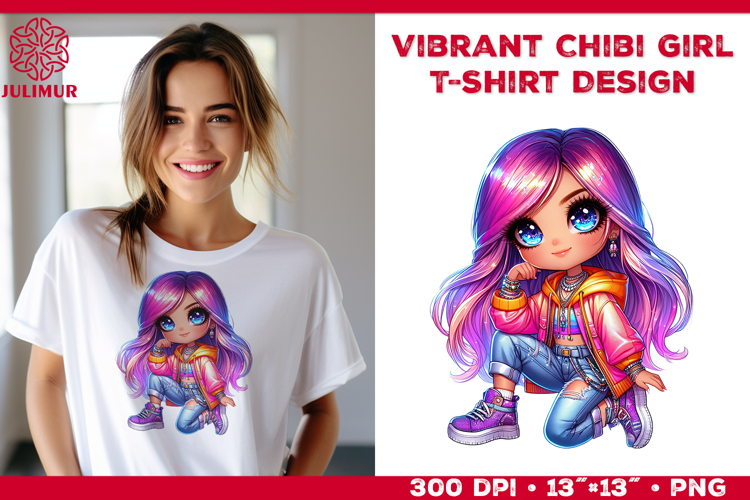 Vibrant Chibi Girl T-Shirt Printable Design. Chibi Girl PNG