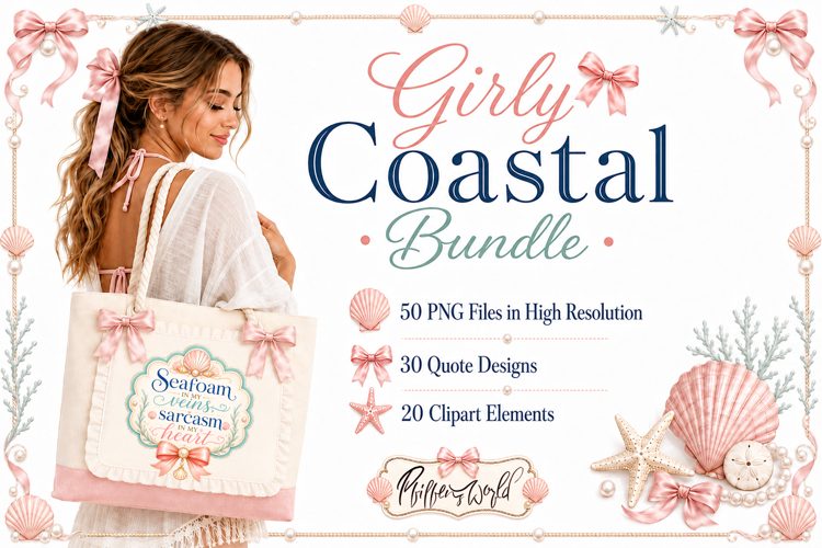 Girly Coastal PNG Bundle | Coquette Beach Bows & Seashel Set
