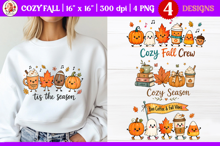 Cute cozy fall PNG designs with smiling pumpkins, ghost