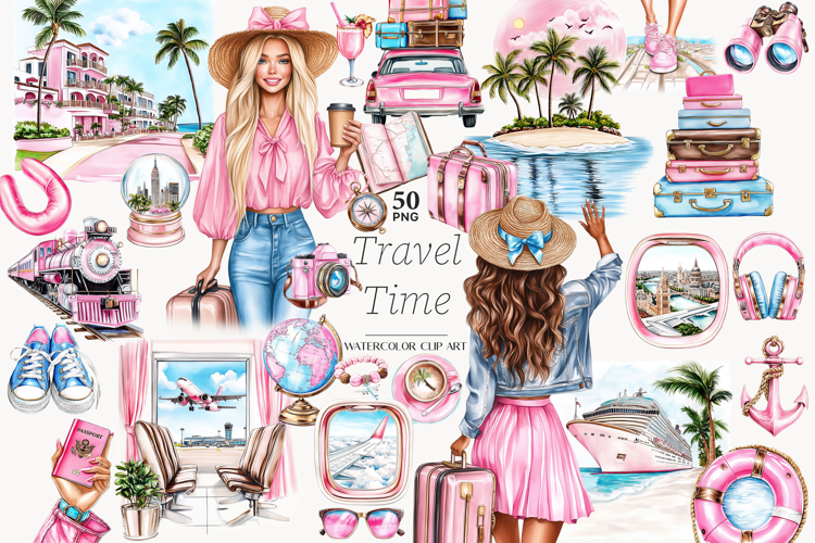 Girly Travel Clipart | Pink Summer Vacation PNGs