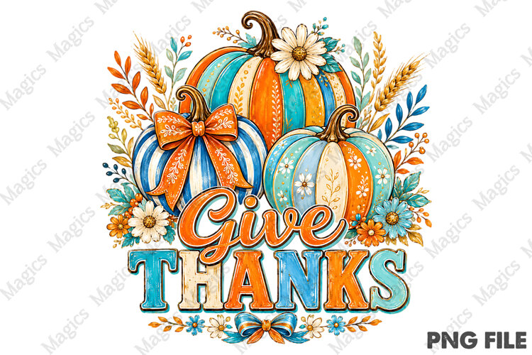 Give Thanks Png Floral Fall Pumpkin Coquette Png example image 1