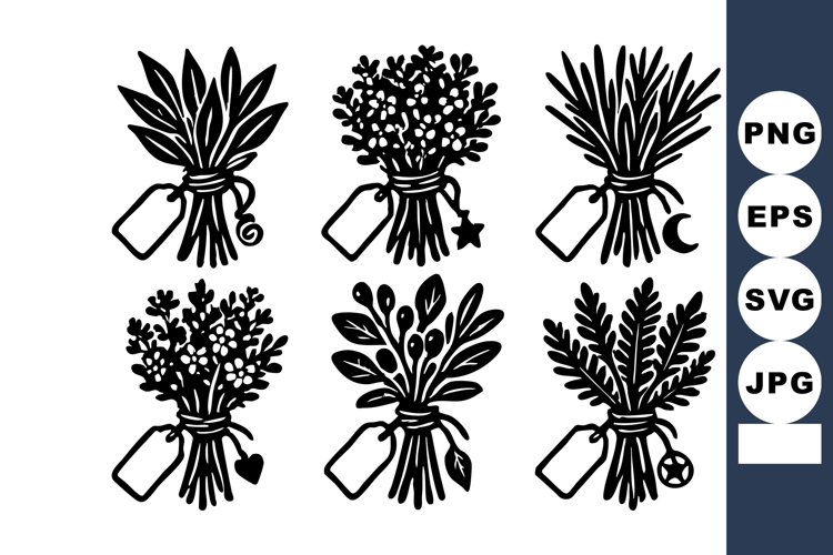Hand-drawn black herb bouquets with tags featuring various s