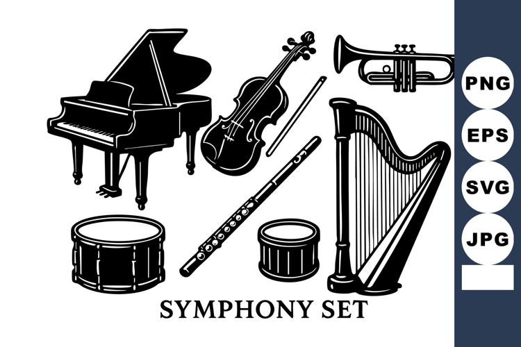 Symphony with piano violin trumpet flute harp and drums vec