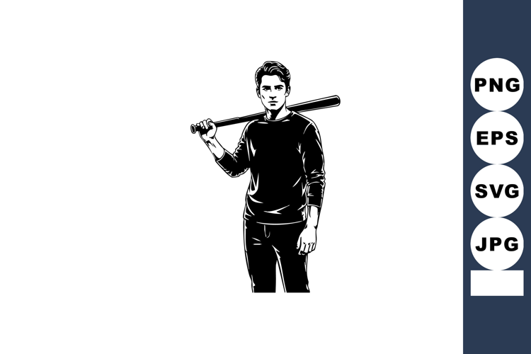Young man holding baseball bat confident stance monochrome v