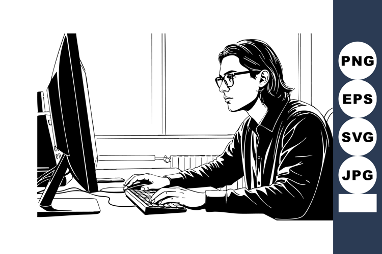 Young man working on computer in modern office focused on sc