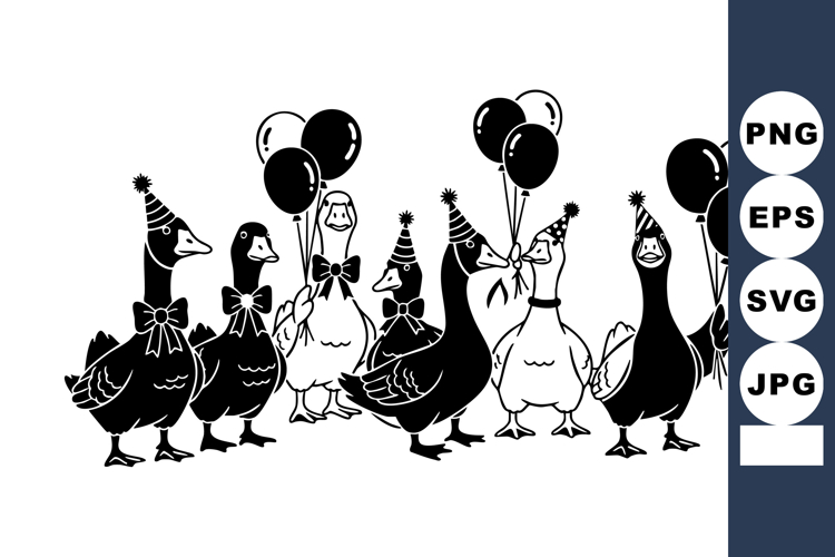 Group of cartoon ducks celebrating with party hats and ballo