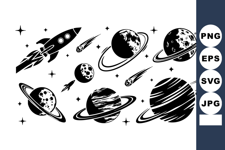 Space-themed vector of planets moons rockets comets and sta