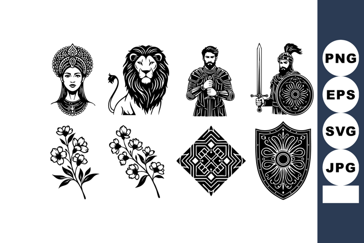 African queen lion warrior man sword shield floral design el