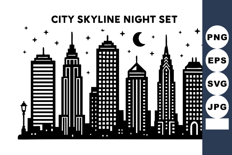City skyline night with stars crescent moon and tall buildi
