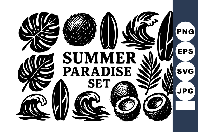 Summer paradise tropical leaves coconut waves surfboards bla
