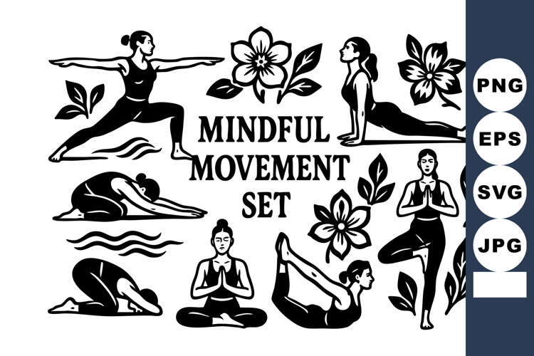 Mindful movement yoga poses with floral elements and medita