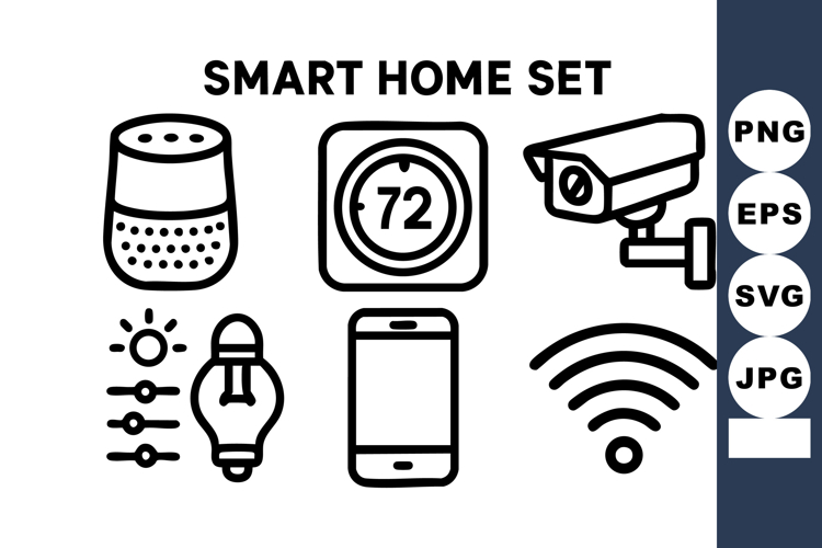 Smart home icons with security camera thermostat light bulb