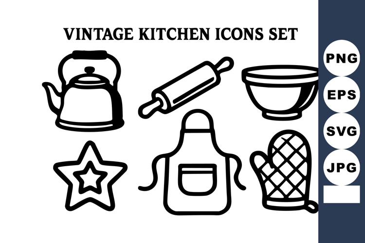 Vintage kitchen tools icons with kettle rolling pin bowl st
