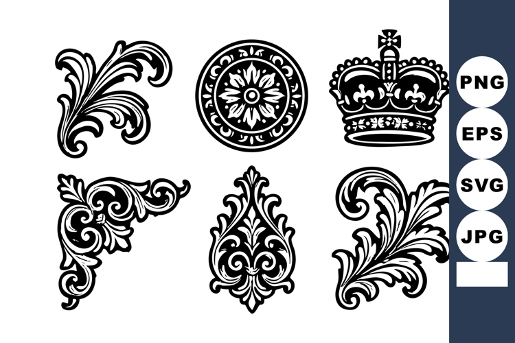 Vintage ornamental design elements with crown and floral scr example image 1