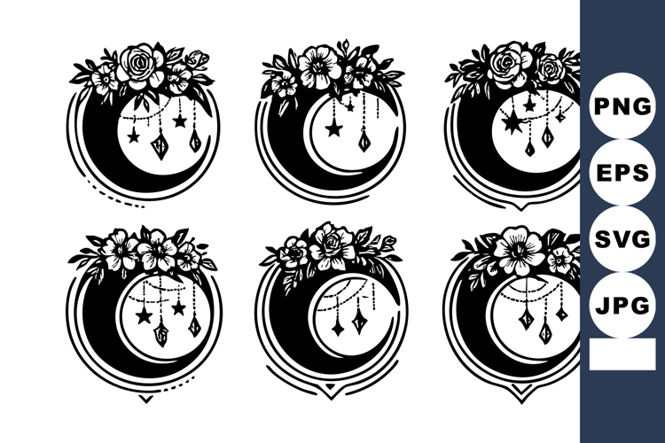 Floral crescent moon designs with hanging stars and jewels i