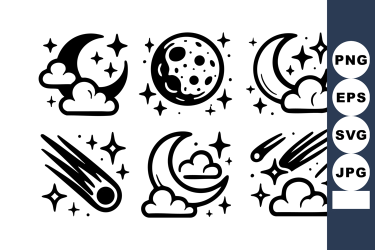 Moon and stars vector icons with clouds and comets night sky