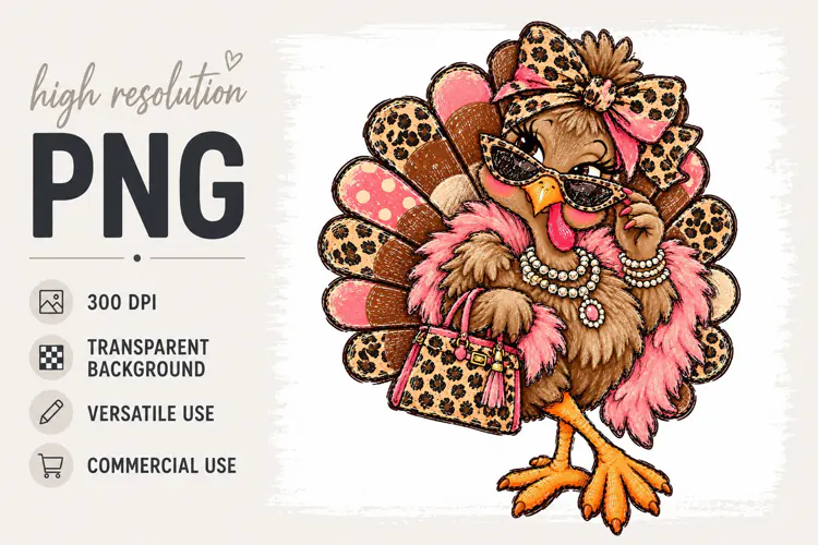 Girly Thanksgiving png, Turkey png, Cheetah Print png Design