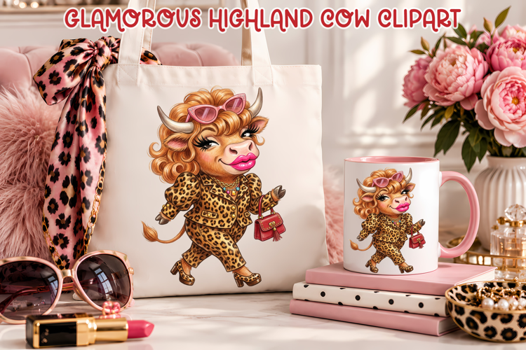 Glamorous Highland Cow Clipart | Cow Sublimation