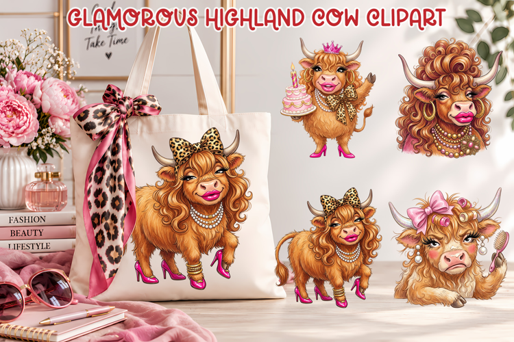 Glamorous Highland Cow Clipart | Cow PNG Design