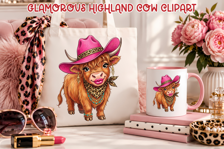 Cowgirl Highland Cow Clipart | Western Cow Sublimation