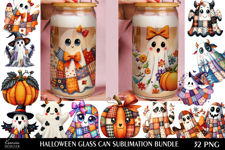 Fall Patchwork Ghost Halloween |Glass Can Wrap Bundle