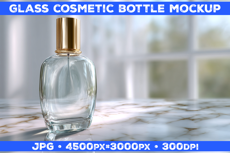 Cosmetic Glass Bottle Mockup on White Marble Surface