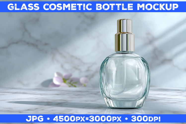 Cosmetic Glass Bottle Mockup on White Marble Surface