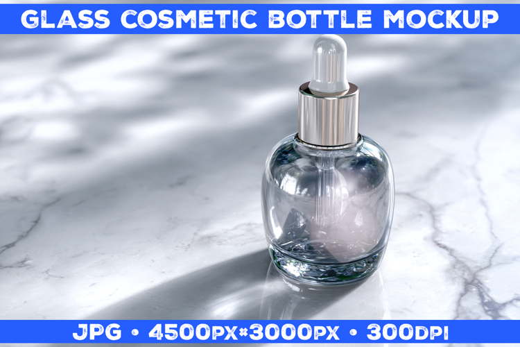 Cosmetic Glass Bottle Mockup on White Marble Surface
