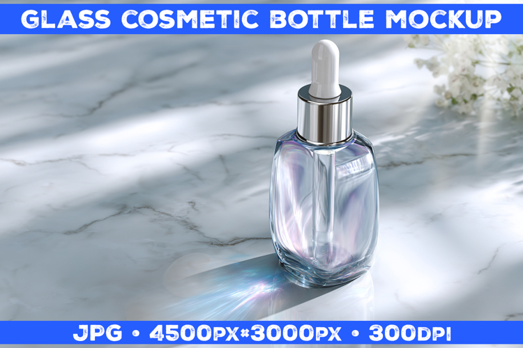 Cosmetic Glass Bottle Mockup on White Marble Surface