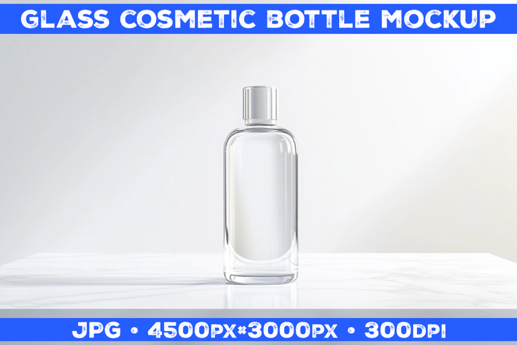 Cosmetic Glass Bottle Mockup on White Marble Surface