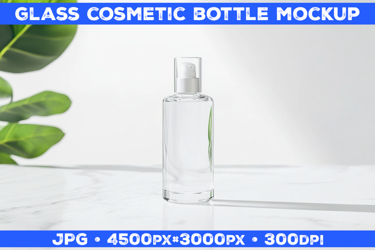 Cosmetic Glass Bottle Mockup on White Marble Surface