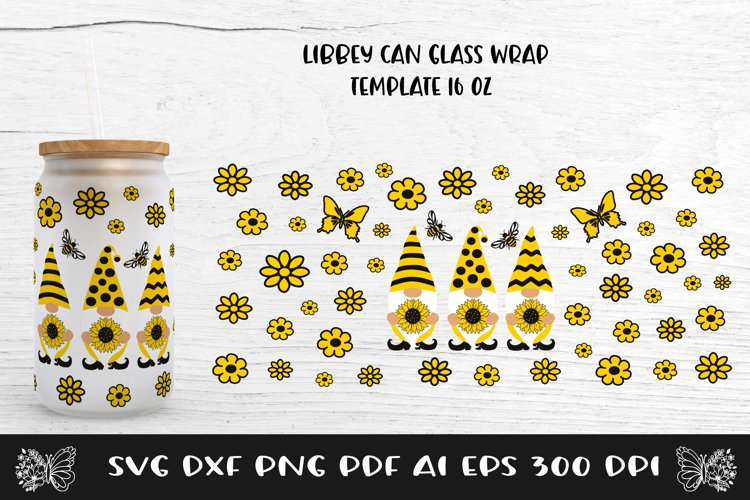 Glass Can Wrap Sunflower Gnome SVG. Libbey Glass Full Wrap.