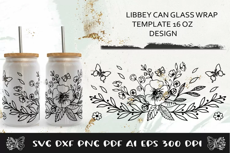 Glass Can Wrap Flower SVG. Libbey Glass Can Full Wrap.