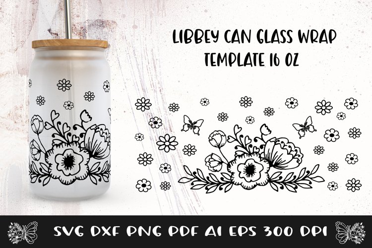 Glass Can Wrap Flowers SVG. Libbey Glass Can Full Wrap.