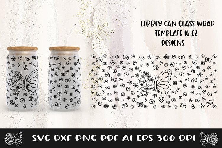 Glass Can Wrap Butterfly SVG. Libbey Glass Can Full Wrap. example image 1