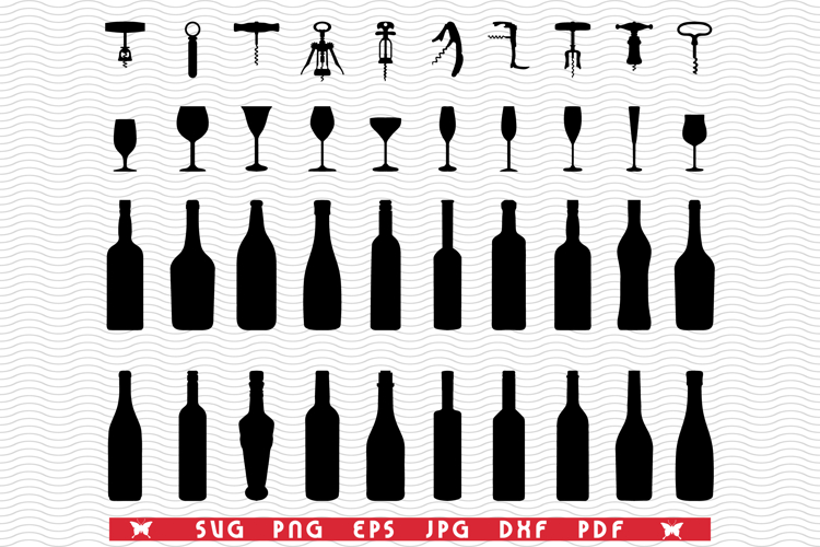 SVG Glasses, Bottles, Corkscrew, Silhouettes,Digital clipart